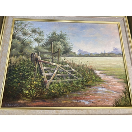 300 - Four framed F.D. Oliver landscape scene oil paintings - largest approx. 47cm high x 57cm wide