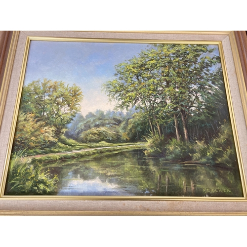 300 - Four framed F.D. Oliver landscape scene oil paintings - largest approx. 47cm high x 57cm wide