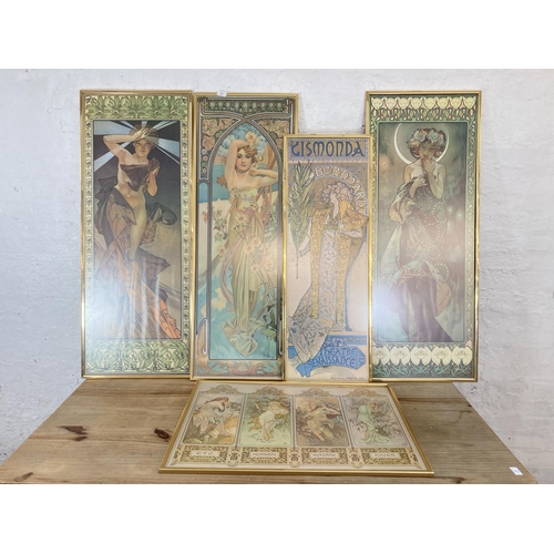 303 - Five framed Art Nouveau style Alphonse Mucha prints - largest approx. 120cm high 46cm wide