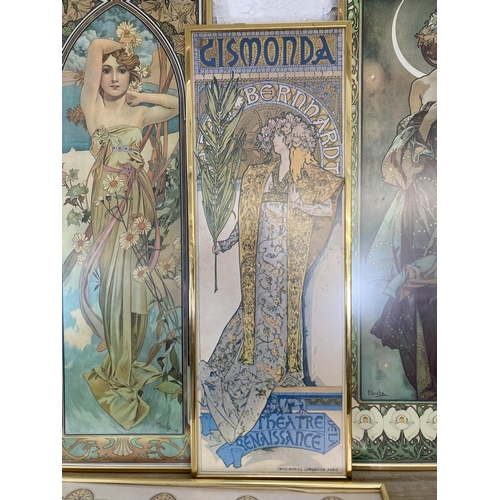 303 - Five framed Art Nouveau style Alphonse Mucha prints - largest approx. 120cm high 46cm wide