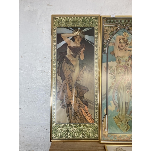 303 - Five framed Art Nouveau style Alphonse Mucha prints - largest approx. 120cm high 46cm wide