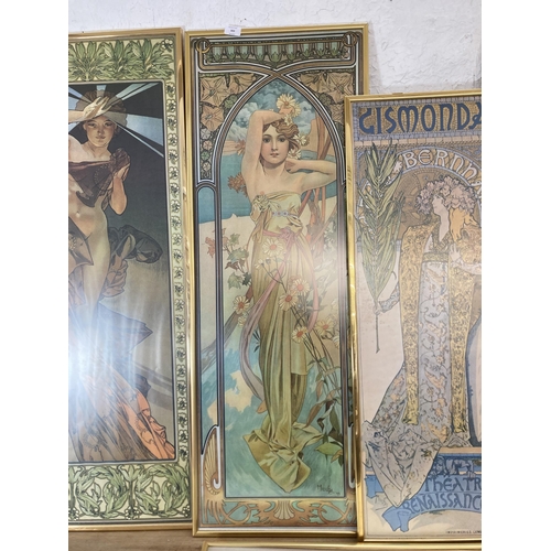 303 - Five framed Art Nouveau style Alphonse Mucha prints - largest approx. 120cm high 46cm wide