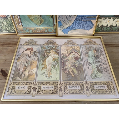 303 - Five framed Art Nouveau style Alphonse Mucha prints - largest approx. 120cm high 46cm wide