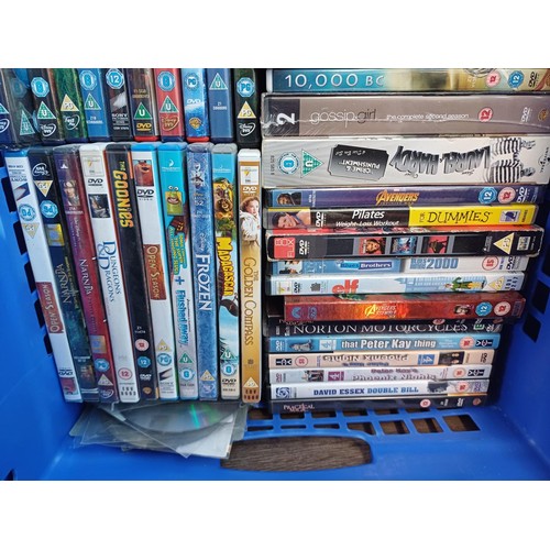 367 - Three boxes containing a large collection of DVDs to include eight Harry Potter, Coco, the Sting, So... 