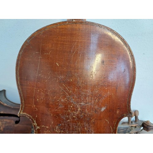 376 - Two unlabelled violins, one possibly baroque with tuning pegs and tailpiece (at fault - break at hee... 