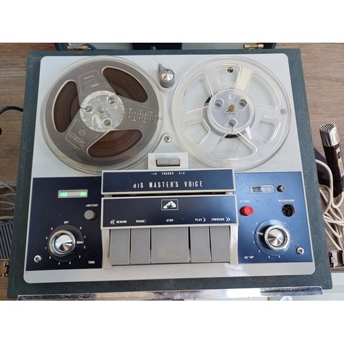 392 - A mid 1960s His Master's Voice 2206 three-valve reel-to-reel tape recorder with two microphones and ... 