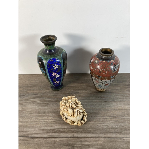 1111 - Thirteen Oriental items to include two Chinese Cloisonné vases, resin netsuke, resin Buddha figurine... 