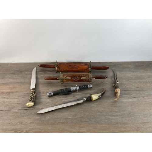 1112 - Five vintage knives to include 19th century Joseph Rogers horn handled carving knife, mid 20th centu... 