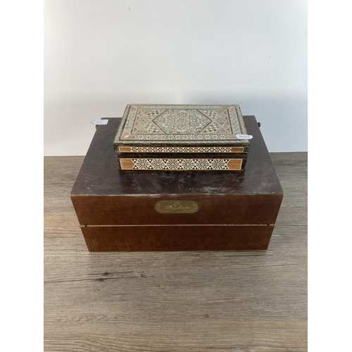 1127 - Two boxes, one Remy Martin Cognac writing slope and one mid 20th century Middle Eastern inlaid woode... 