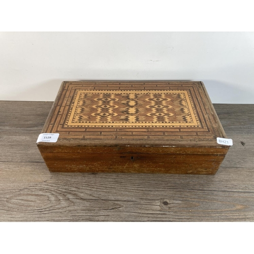 1129 - A 19th century inlaid walnut workbox - approx. 9cm high x 33.5cm wide x 20cm deep