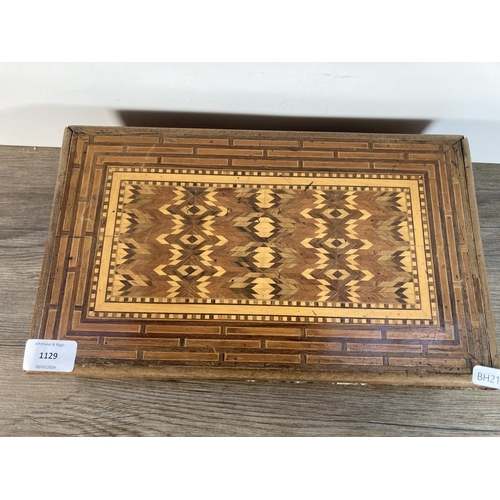 1129 - A 19th century inlaid walnut workbox - approx. 9cm high x 33.5cm wide x 20cm deep