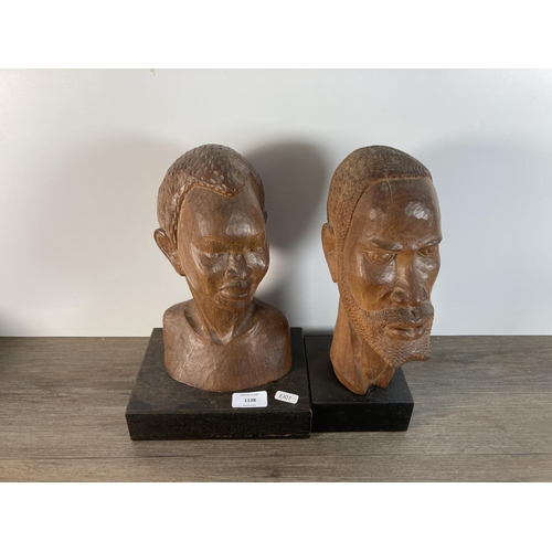 1138 - Two vintage carved hardwood African busts - approx. 32cm high