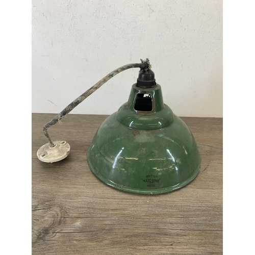 1037 - A mid 20th century Maxlume green and white enamel factory pendant ceiling light - approx. 24cm in di... 