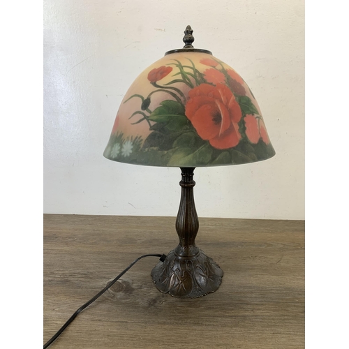 1041 - Tiffany style table lamp with coloured floral glass bell shaped shade - approx. 52cm high