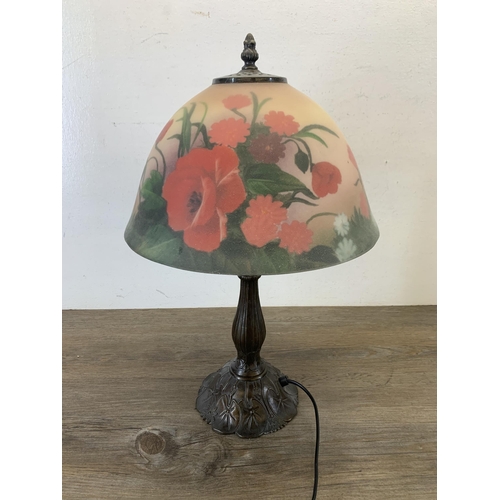 1041 - Tiffany style table lamp with coloured floral glass bell shaped shade - approx. 52cm high