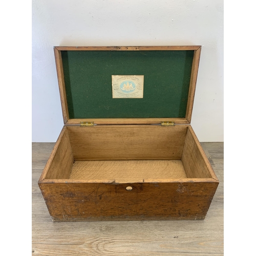 1045 - A 19th century oak rectangular storage box with brass handles - approx. 25cm high x 56cm wide x 32cm... 