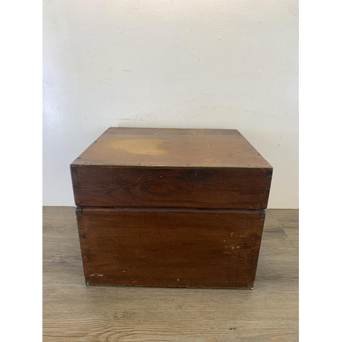 1046 - A 19th century style stained pine rectangular storage box with copper half moon handles - approx. 34... 