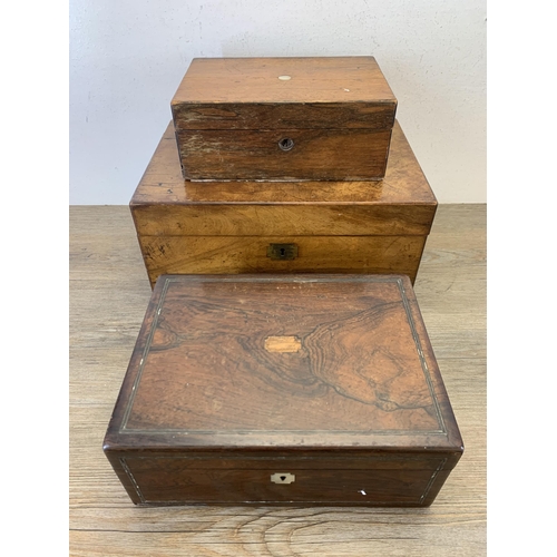 1054 - Three 19th century boxes, one walnut writing slope, one rosewood jewellery box and one rosewood work... 