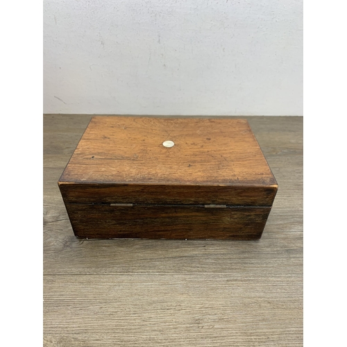 1054 - Three 19th century boxes, one walnut writing slope, one rosewood jewellery box and one rosewood work... 