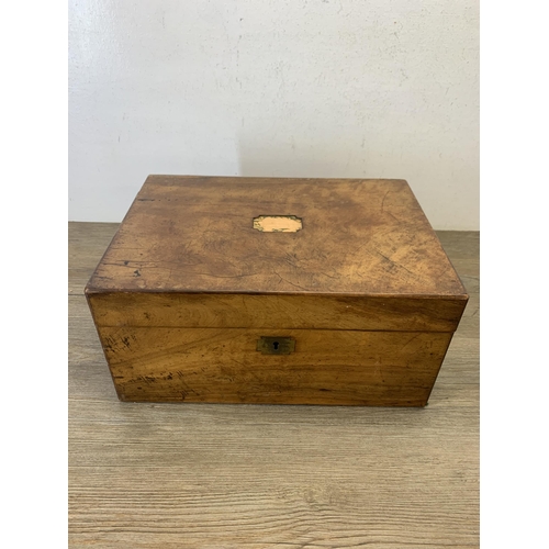 1054 - Three 19th century boxes, one walnut writing slope, one rosewood jewellery box and one rosewood work... 