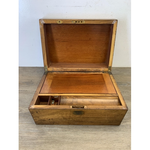 1054 - Three 19th century boxes, one walnut writing slope, one rosewood jewellery box and one rosewood work... 