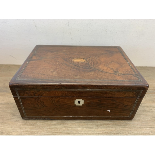 1054 - Three 19th century boxes, one walnut writing slope, one rosewood jewellery box and one rosewood work... 