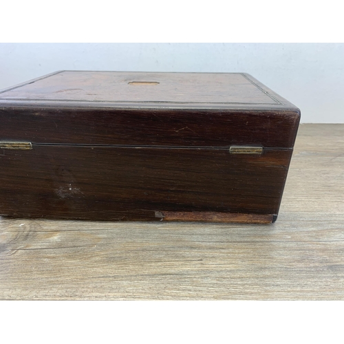 1054 - Three 19th century boxes, one walnut writing slope, one rosewood jewellery box and one rosewood work... 