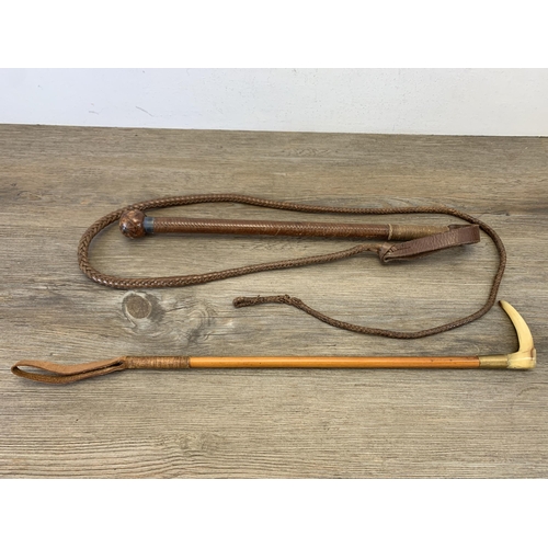 1058 - Two early 20th century Swaine & Adeney Ltd of London riding crops, one leather example with hallmark... 