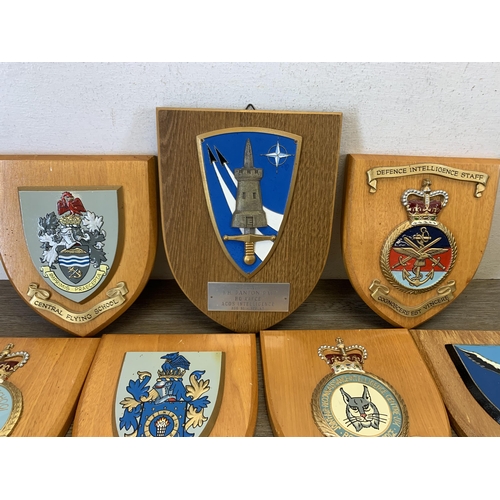 1059 - Fourteen hand painted military regiments shield plaques to include Royal Air Force (Natal) Squadron,... 