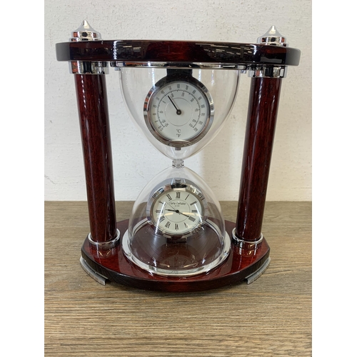 1064 - A boxed Widdop & Bingham hourglass mantel clock and thermometer - approx. 18.5cm high x 18cm wide