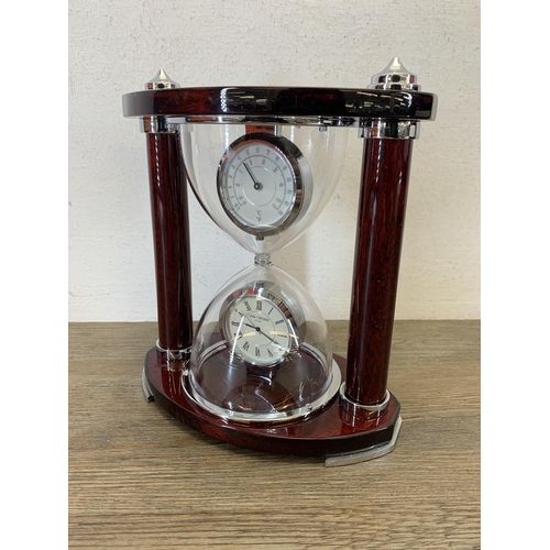 1064 - A boxed Widdop & Bingham hourglass mantel clock and thermometer - approx. 18.5cm high x 18cm wide