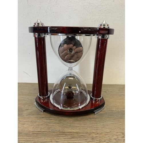 1064 - A boxed Widdop & Bingham hourglass mantel clock and thermometer - approx. 18.5cm high x 18cm wide