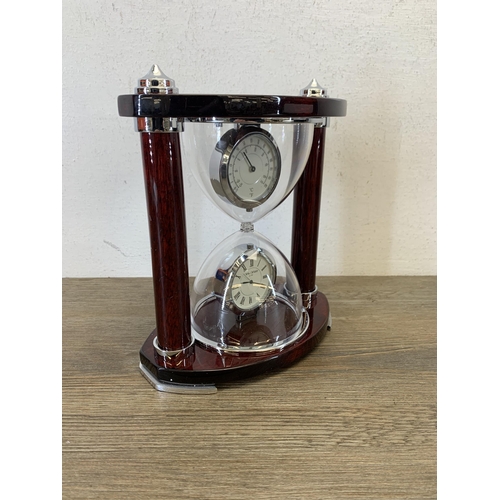 1064 - A boxed Widdop & Bingham hourglass mantel clock and thermometer - approx. 18.5cm high x 18cm wide