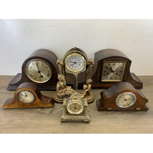 1068 - Six antique and later mantel clocks to include oak cased Napoleon hat Westminster chime, French styl... 