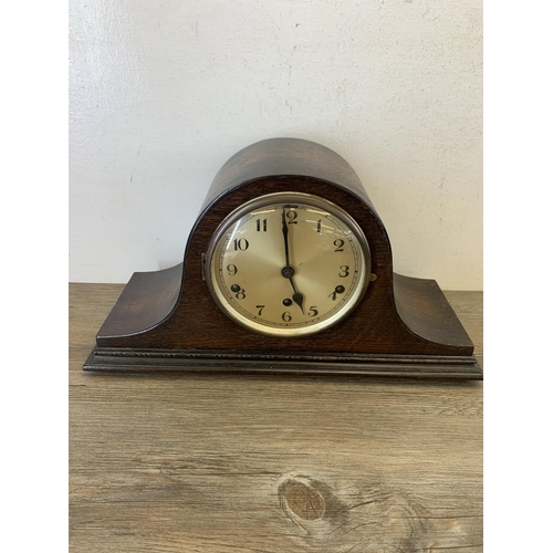 1068 - Six antique and later mantel clocks to include oak cased Napoleon hat Westminster chime, French styl... 