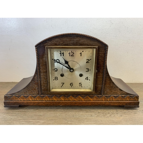 1068 - Six antique and later mantel clocks to include oak cased Napoleon hat Westminster chime, French styl... 