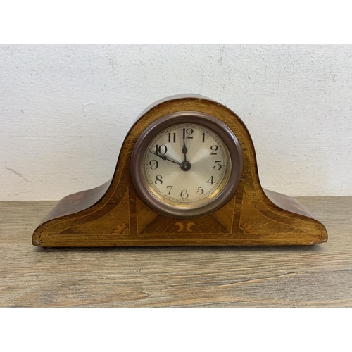 1068 - Six antique and later mantel clocks to include oak cased Napoleon hat Westminster chime, French styl... 