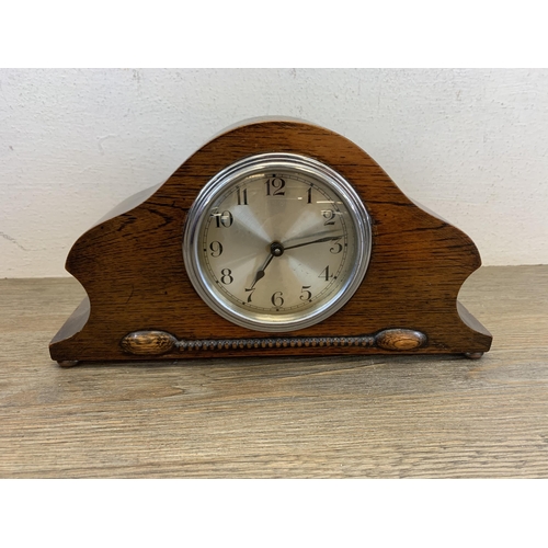 1068 - Six antique and later mantel clocks to include oak cased Napoleon hat Westminster chime, French styl... 