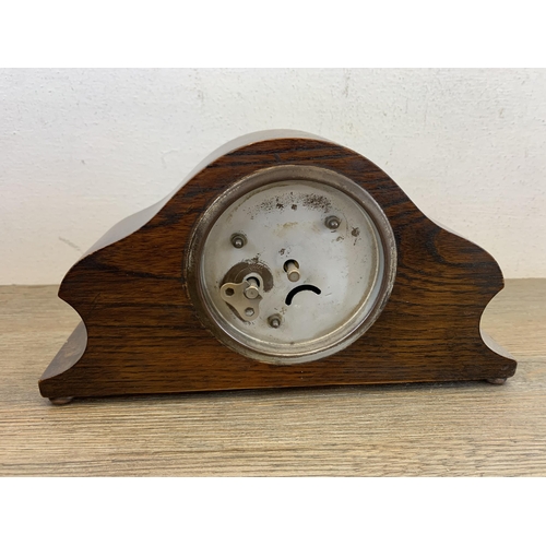 1068 - Six antique and later mantel clocks to include oak cased Napoleon hat Westminster chime, French styl... 