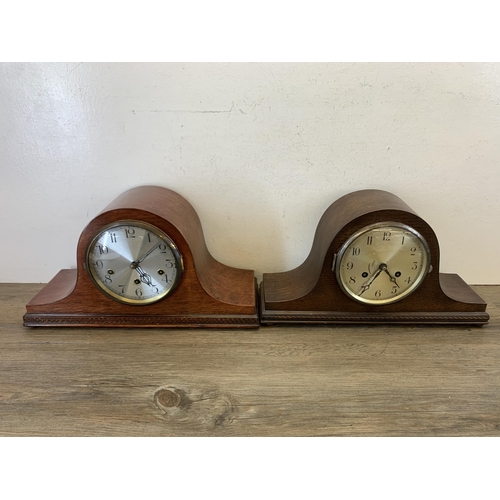 1076 - Two early/mid 20th century oak cased Napoleon hat chiming mantel clocks