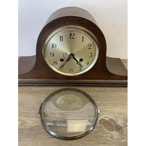 1076 - Two early/mid 20th century oak cased Napoleon hat chiming mantel clocks