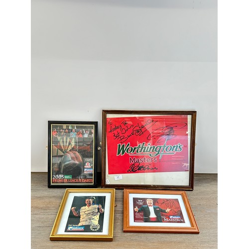 999 - Four framed hand signed darts prints to include world champion Phil Taylor, Colin Lloyd etc.