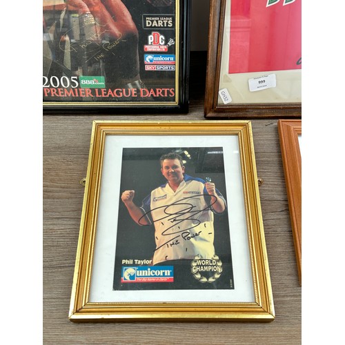 999 - Four framed hand signed darts prints to include world champion Phil Taylor, Colin Lloyd etc.