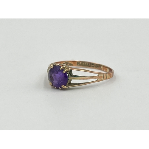 2362 - A hallmarked Birmingham 9ct gold amethyst solitaire ring, size O - approx. gross weight 1g