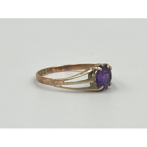 2362 - A hallmarked Birmingham 9ct gold amethyst solitaire ring, size O - approx. gross weight 1g