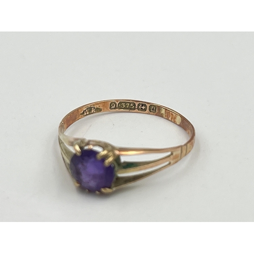 2362 - A hallmarked Birmingham 9ct gold amethyst solitaire ring, size O - approx. gross weight 1g