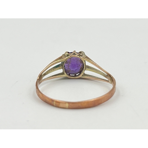 2362 - A hallmarked Birmingham 9ct gold amethyst solitaire ring, size O - approx. gross weight 1g