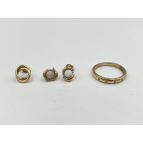 2363 - Three pieces of jewellery, one hallmarked 9ct gold diamond five stone ring, one pair of 9ct gold opa... 