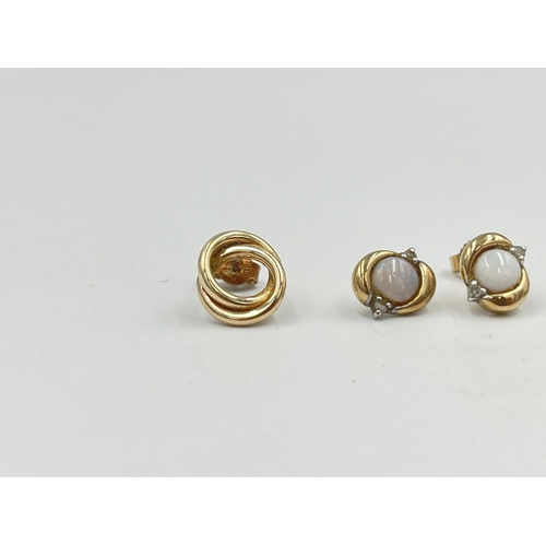 2363 - Three pieces of jewellery, one hallmarked 9ct gold diamond five stone ring, one pair of 9ct gold opa... 