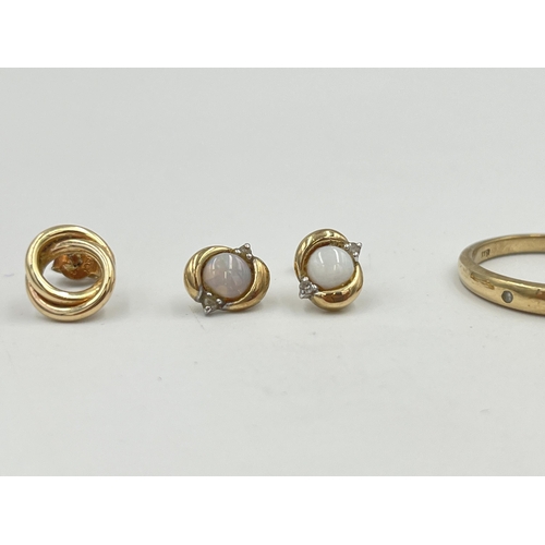 2363 - Three pieces of jewellery, one hallmarked 9ct gold diamond five stone ring, one pair of 9ct gold opa... 